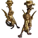 Pair of signed Italian gilt bronze petite candlesticks