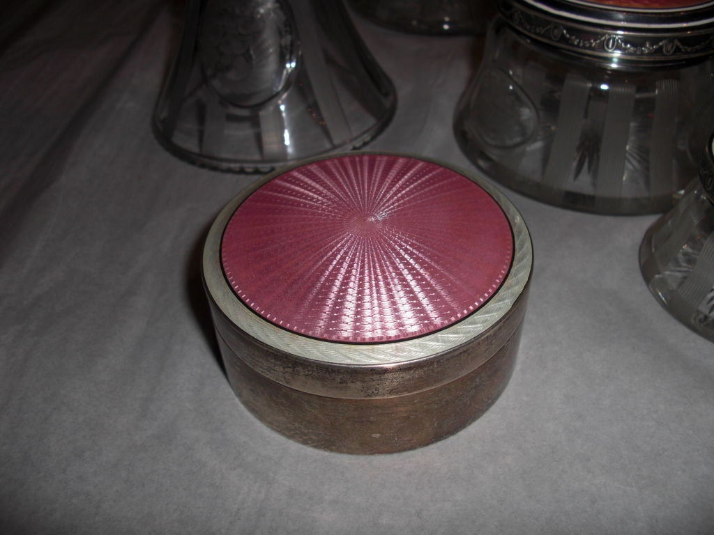 Outstanding pink enamel sterling and cut glass dresser set 2