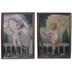 A large pair of  "dancing cherubs" oils on canvas