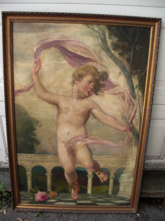 A large pair of  "dancing cherubs" oils on canvas