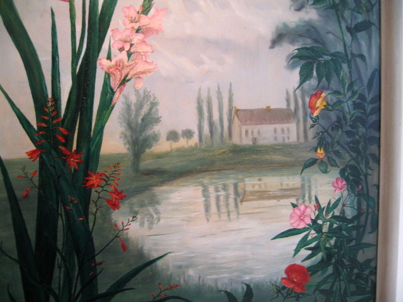 A wall panel, oil on canvas painting of garden flowers with pond and house in the distance.  Signed Albert Cordier, French, late 19th century painter.