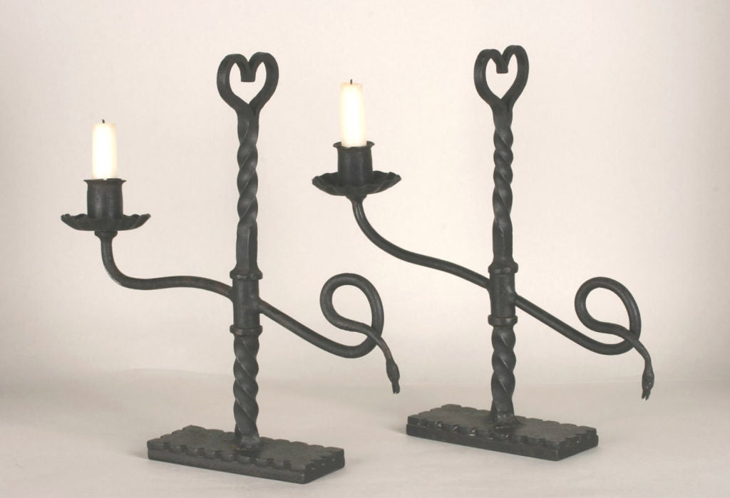 American Pair of Wrought Iron Swiveling Candlesticks