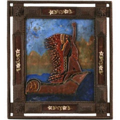 American Folk Art Carved & Painted Plaque in Tramp Art Frame