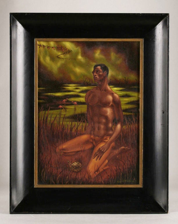 Fine Southern American surrealist painting from 1950s of a muscular African American man on his knees in a swamp. There are flamingos in the background and flying in formation in the sky.<br />
<br />
Signed lower right Dan Atkinson 51<br />
<br