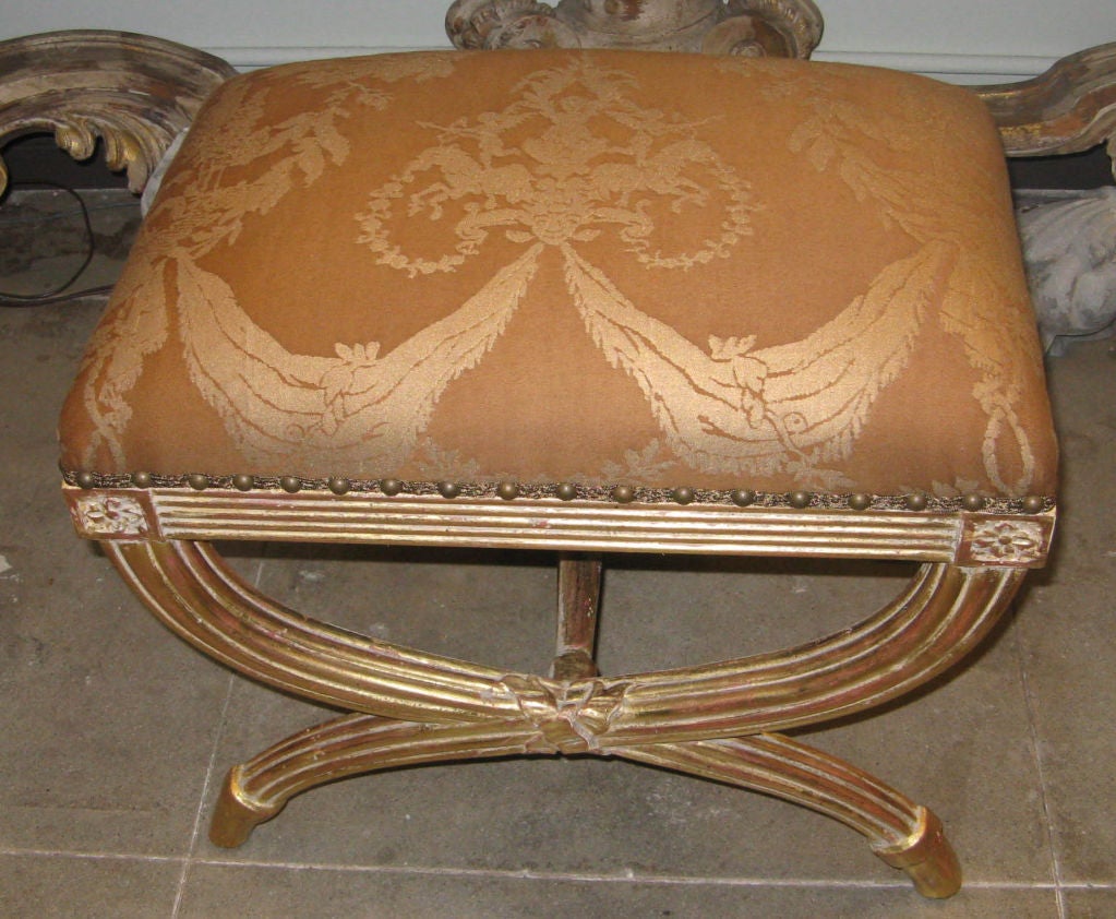 Mid-20th Century Pair of Giltwood Fortuny Upholstered Benches C. 1920's