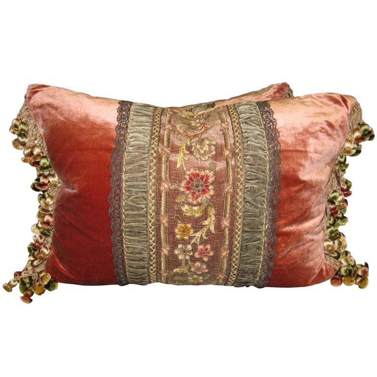 Pair of 19th C. Metallic Embroidered Silk Velvet Pillows at 1stdibs