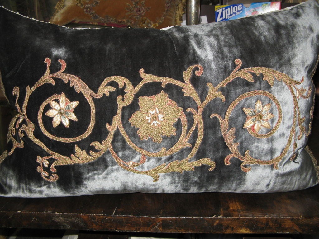 19th C. Metallic Embroidered Silk Velvet Bed Pillow
