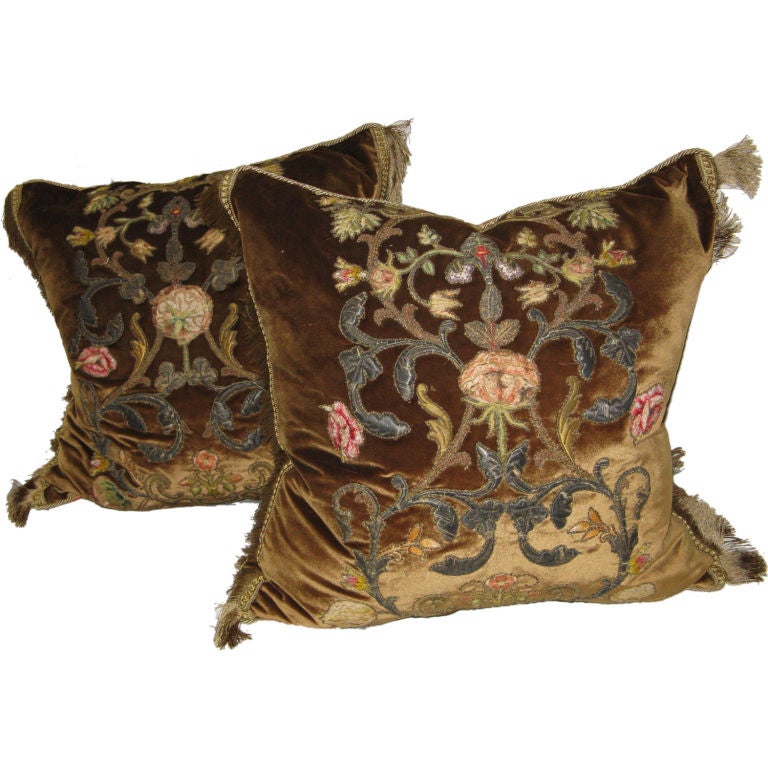 Pair of 18th C. Italian Metallic & Silk Embroidered Pillows