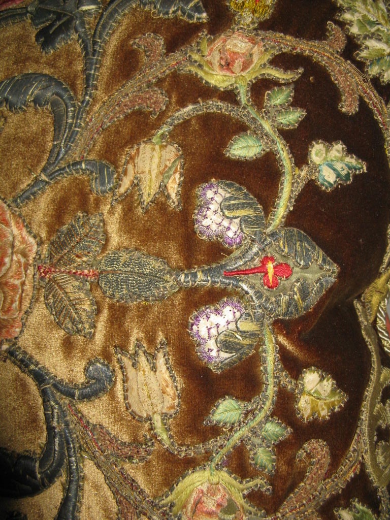 Appliqué Pair of 18th C. Italian Metallic & Silk Embroidered Pillows