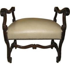 19th C. Carved Walnut Bench Upholstered in Faux Ostrich