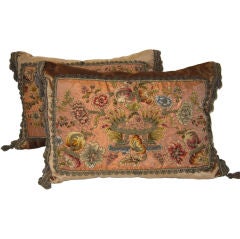 Pair of 19th C. Metallic & Chenille Embroidered Textile Pillows
