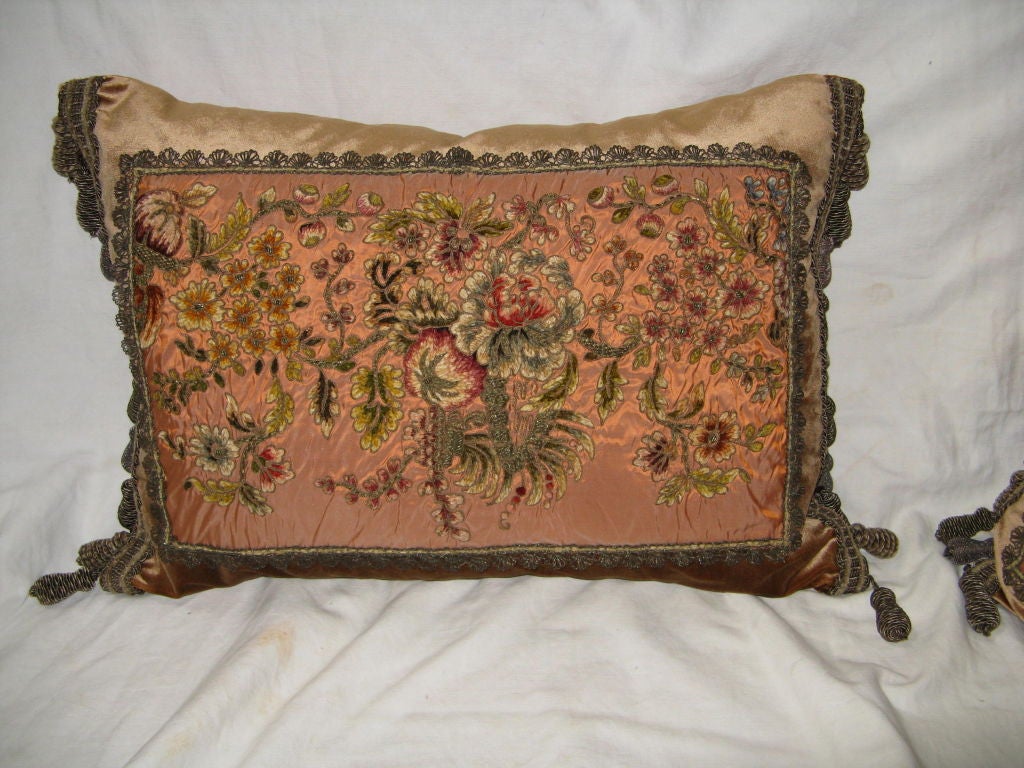 Pair of 19th C. Metallic & Chenille Embroidered Textile Pillows