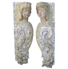 Unique Pair of Carved Wood Cherub Fragments C. 1800
s