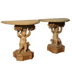 Superior Pair of Italian Putti Console Tables
