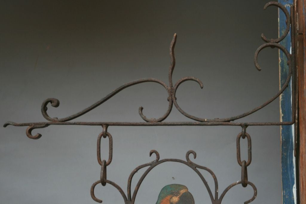 20th Century Wrought Iron Wall Hanging with Painted Parrot