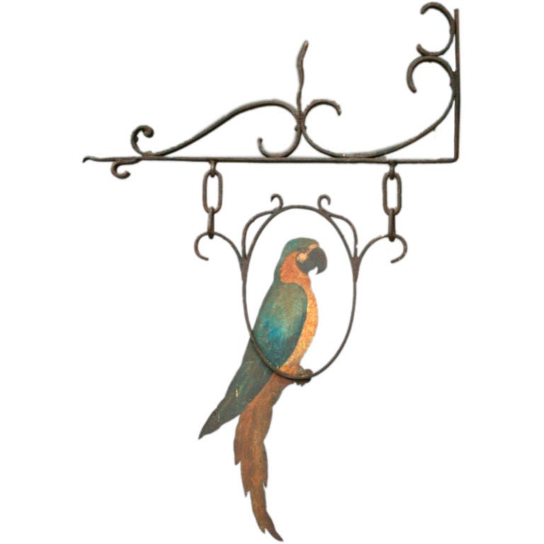 Wrought Iron Wall Hanging with Painted Parrot