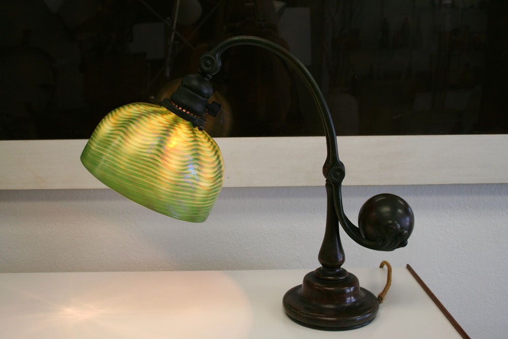 Tiffany Studios Counterbalance lamp<br />
Damas Cene shade and model #417 Base<br />
Original Brown-Green Patina<br />
Shade in pristine condition<br />
base height 15