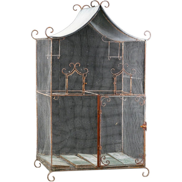 French Antique Wrought Iron Bird Cage with Zinc Roof