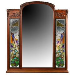 French Antique Art Nouveau Mirror with Stained Glass Panels