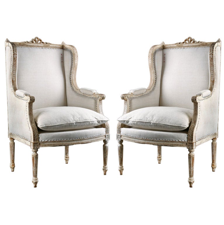 Pair of French Louis XVI Style Painted Bergeres