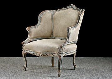 19th Century French Louis XV Style Painted Armchair and Pouf