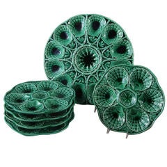 French Majolica Sarreguemines Green Oyster Platter and 12 Plates