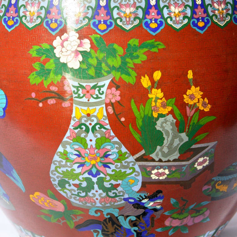 Extra-large Chinese cloisonne fish bowl or jardiniere.  Cranberry red background with traditional bird and flower pattern.  Perfect as a planter for a tree!