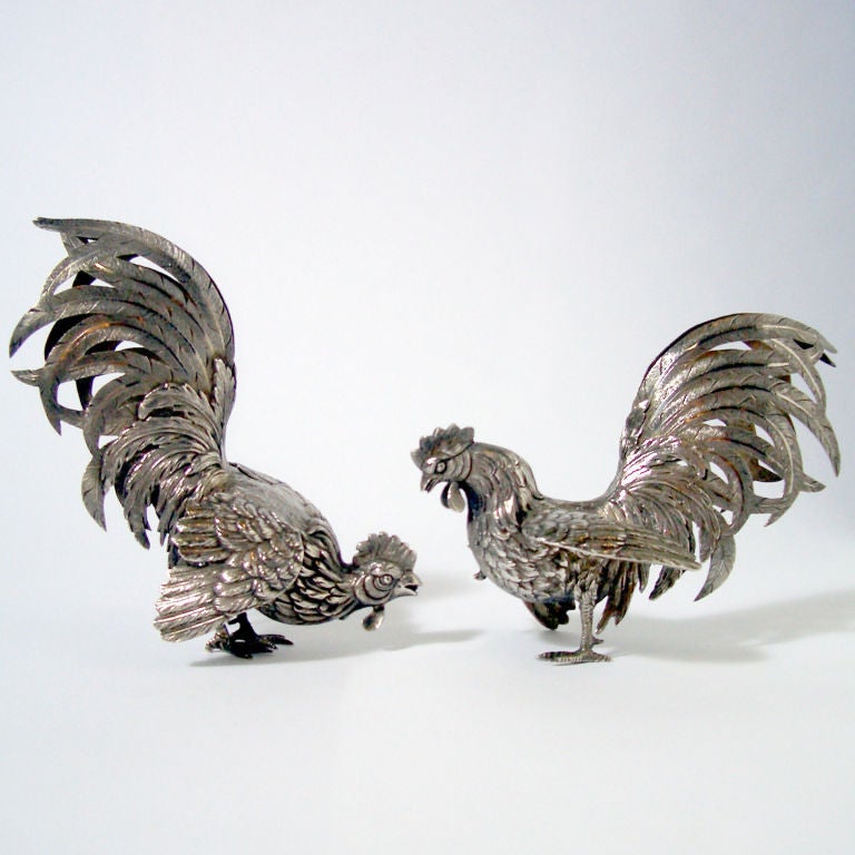 Dutch Pair of Silver Roosters For Sale