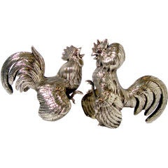 Pair Silver Roosters