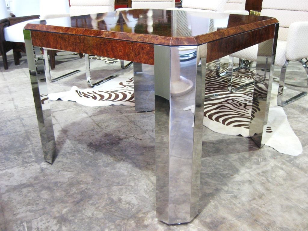 Extra LONG Pace Burlwood and Stainless Dining Table, 4 leaves