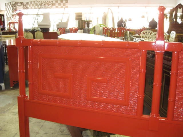Exceptional Greek Key Motif lacquered chinese chippendale red king size headboard.<br />
Superb finish and design.<br />
For additional dressers, end/side/night/center/consoles/dining/card/game tables, sideboards, credenzas, bureaus, vanities,