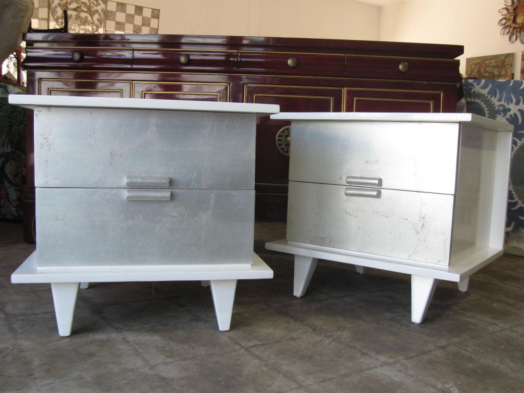 American Elegant Pair 40'of Silver Leaf and Lacquered Side/End Tables
