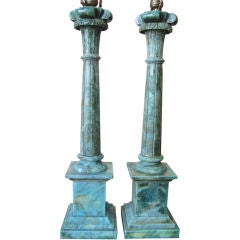 Superb Pair of Classical Italian Aqua Alabaster Column Lamps