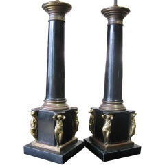 Elegant Pair of Classical French Tole Lamps with Bronze Women