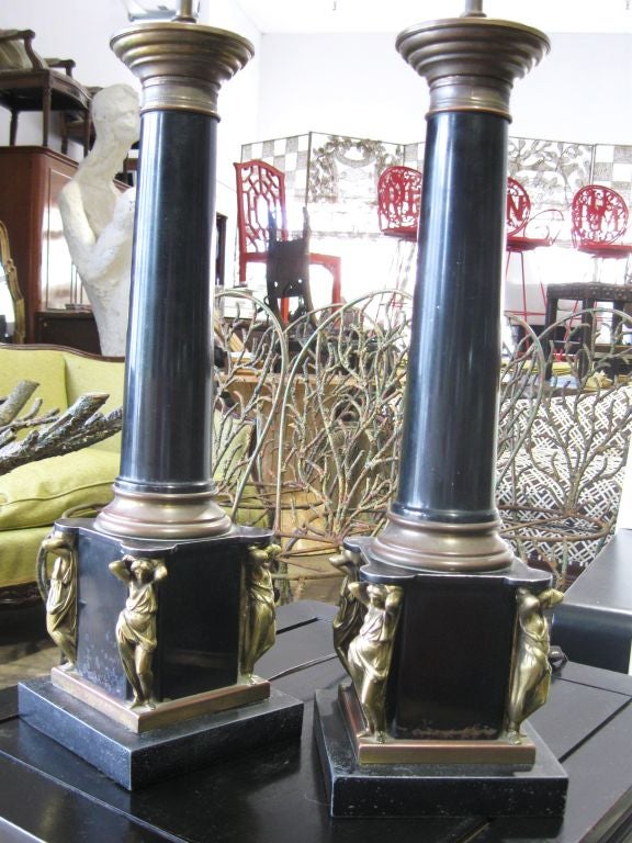 Elegant Pair of Classical French Tole Lamps with Bronze Women