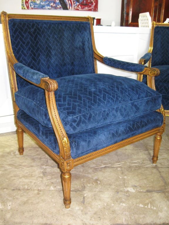 Superb Pair of French LXVI Style open amr bergeres, armchairs. Attributed to Maison Jansen, fluted legs 