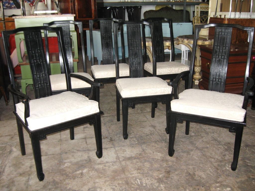 Elegant set of 6 dining room chairs, 2 armchairs, 4 side chairs. High backs, with greek key scrolls, armchairs have generous open arms, ming legs, wonderful form.<br />
For additional, consoles, credenzas, sideboards, bureaus, desks, dressers,
