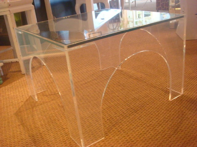 Clear Lucite Square Arch Base Table. Clear Glass Insert Top.<br />
Signed Steven Weiss