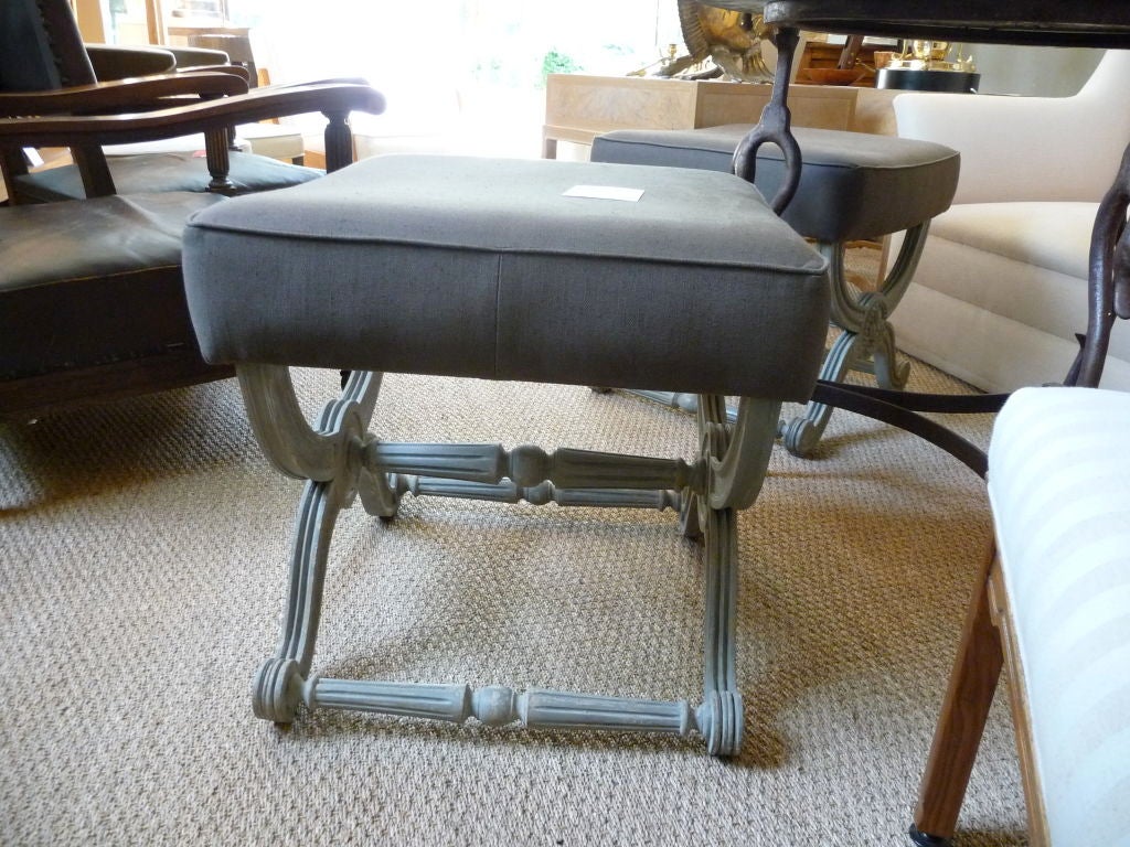 Pair Of Cerule Form Benches On Grey Milk Paint Washed Bases With Chocolat Brown Linen Seats. Price Is For Pair