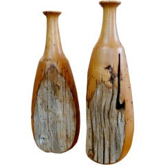 Pair Artisanal Wood Carved Vases