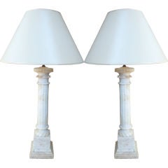 Large Pair Alabaster Column Lamps