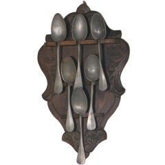 Antique carved Oak Belgianspoon holder with pewter spoons