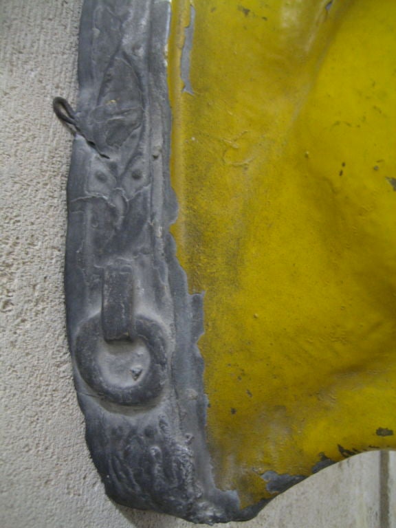 19th c. Zinc Cow Head from a Boucherie in Provence.  Original yellow paint detail.  Can be mounted from back.