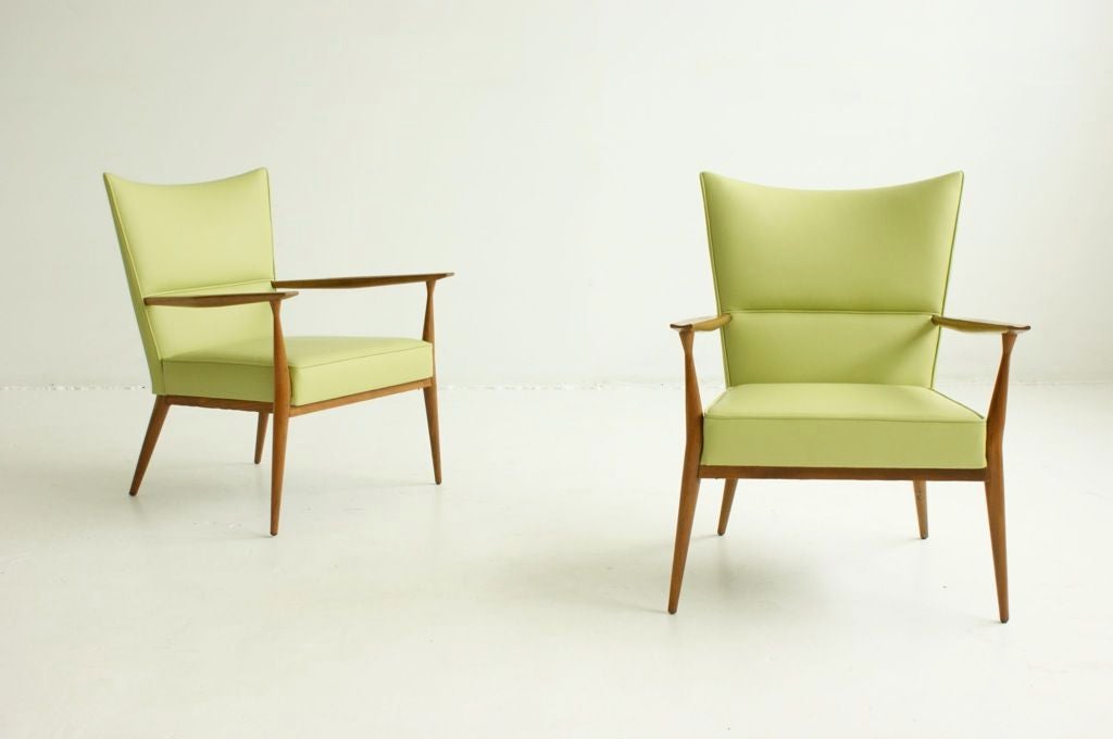 Lounge Chairs for Directional. Reupholstered in Spinneybeck leather. Walnut arms and legs.<br />
Seat height 16.5