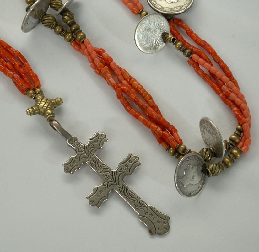 Ecuadorean Rare Antique Beaded Coral Chachal Rosary with Silver Coins