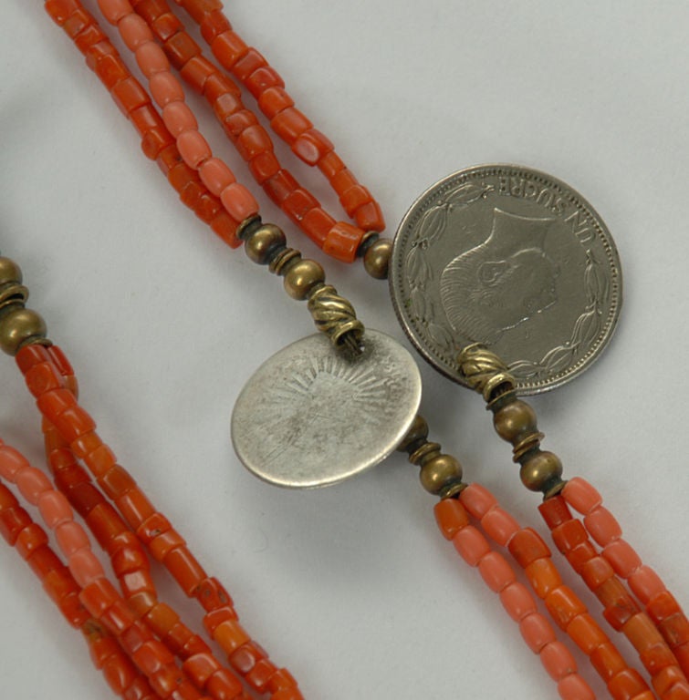Rare Antique Beaded Coral Chachal Rosary with Silver Coins In Excellent Condition In San Francisco, CA