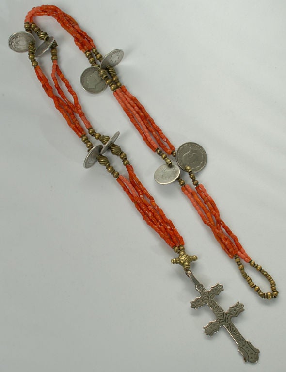 Mid-20th Century Rare Antique Beaded Coral Chachal Rosary with Silver Coins