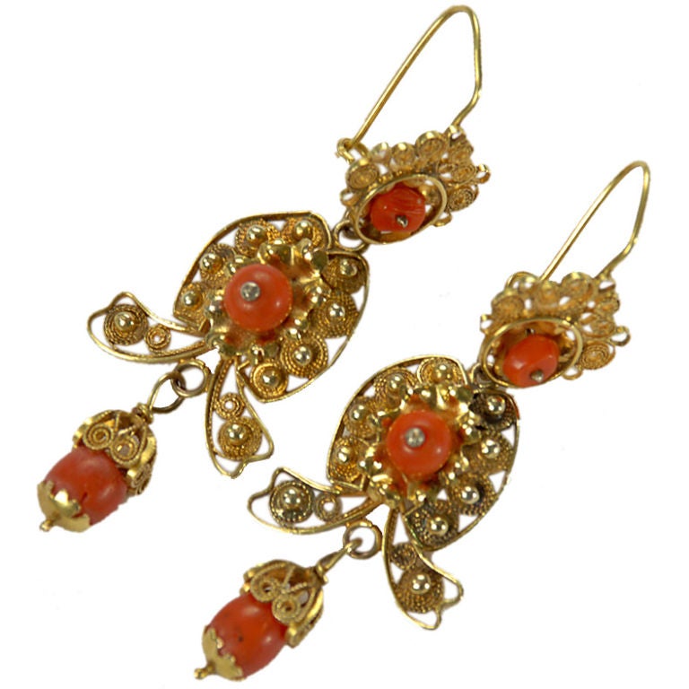 Antique Mexican Gold and Coral Earrings - Oaxaca