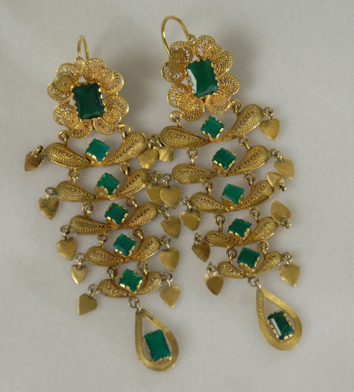 A pair of beautiful, rare early 20th century high karat gold filigree earrings with inset stones and lever back ear wires. Ecuador - circa 1920's. Dimensions: hang 3.2 inches.<br />
<br />
Condition is excellent.