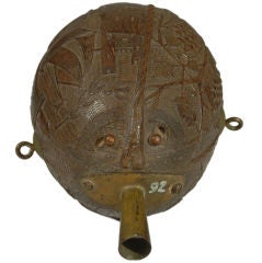 Rare Antique Maritime Carved Coconut Powder Flask - Circa 1880